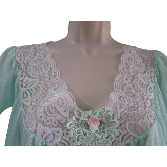 Sears Carriage Court Mint Green Short Night Gown Lace Trim Damask Stripe One Sz - Picture 9 of 16
